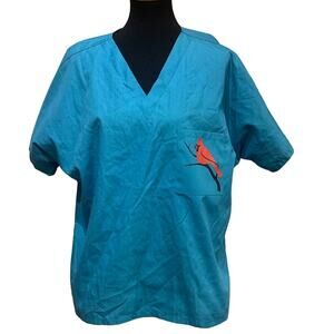 Hand Printed Upcycled Mens Medium Red Cardinal Bird Polycotton Scrub Top